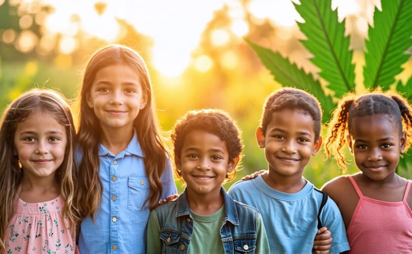 A diverse group of children peacefully playing in nature, symbolizing improved mental health with the support of CBD, with a subtle cannabis leaf in the background.