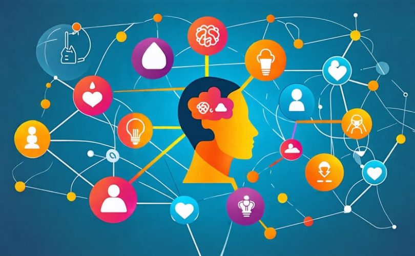 Conceptual illustration showing a network of preventive strategies for children's mental health, including communication, mindfulness, routines, and social-emotional learning elements.
