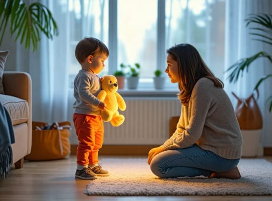 A preschool-aged child holding a plush toy tightly in a cozy living room, with a parent kneeling nearby, offering comfort and reassurance.