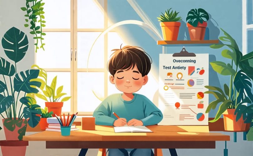 A child sitting calmly at a desk in a well-lit room, surrounded by symbols of mindfulness and learning, illustrating the concept of overcoming test anxiety through supportive strategies.