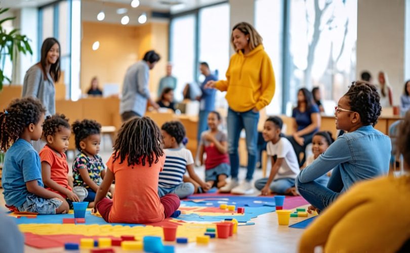 Diverse group of children, parents, and mental health professionals participating in activities and group discussions at a community support event.