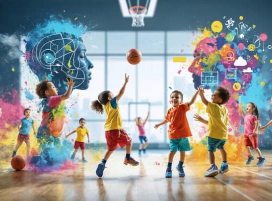 Illustration of children joyfully participating in different sports, symbolizing the positive effects of physical activity on their mental health, with elements representing teamwork and happiness.