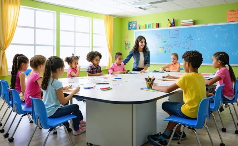 An inclusive classroom scene with diverse students collaborating on a project, featuring flexible seating and calm lighting that supports both academic learning and mental well-being.