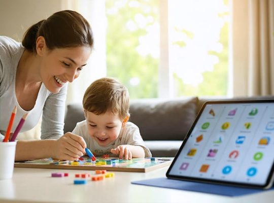 Parent and child playing a board game in a sunlit living room, with an iPad set aside on a table, representing balanced screen time management.