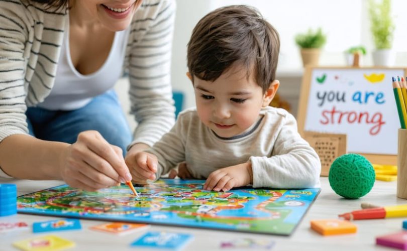 Parent and child engaged in a board game focused on developing resilience skills, surrounded by a nurturing and supportive environment.