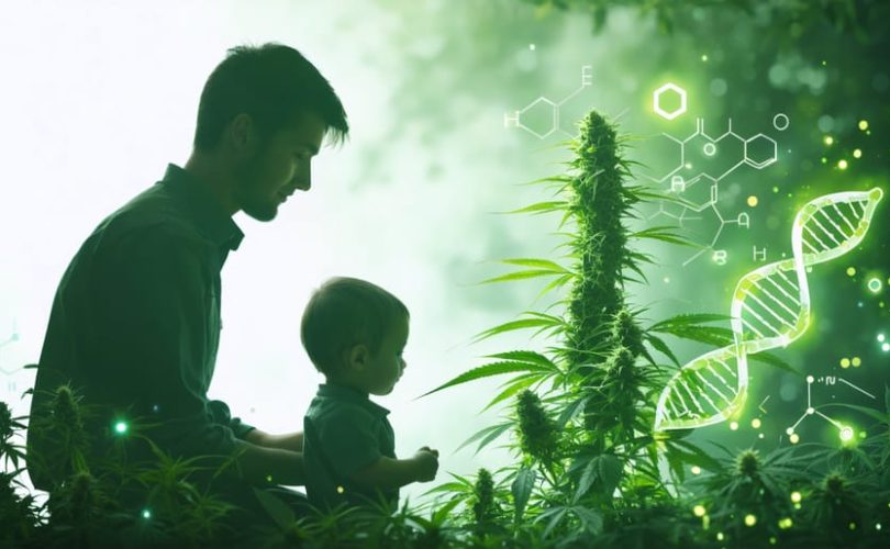 A parent and child observing a cannabis plant surrounded by molecular symbols, symbolizing the intersection of natural remedies and scientific research in exploring CBD oil for children's mental health.