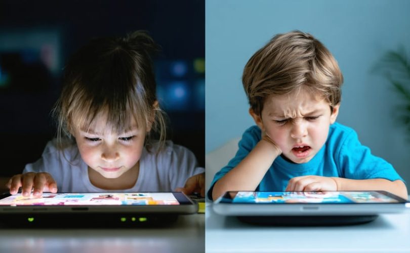 Conceptual depiction of a child's contrasting emotions when exposed to different types of media, illustrating the impact of media violence on young minds.