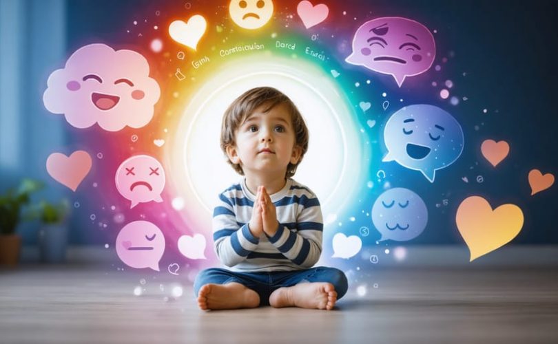 A child, surrounded by a vibrant halo of emotions, in conversation with a parent maintaining eye contact, against a backdrop with elements symbolizing communication and emotional bonds.