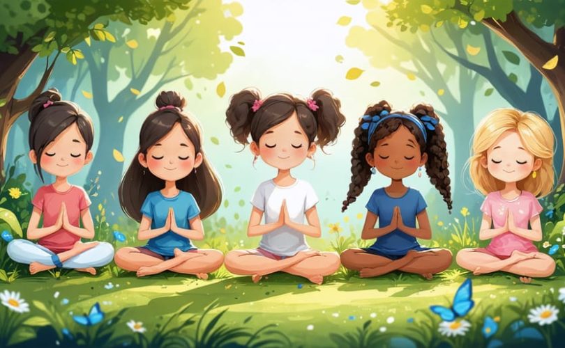 A diverse group of children practicing mindfulness in a vibrant natural setting, engaging in breathing exercises and observing their surroundings with peaceful expressions.