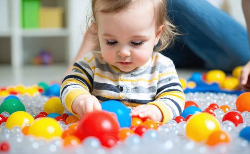 A two-year-old engaged in a therapeutic play session, interacting with sensory materials like colorful water beads in a caring and nurturing environment.