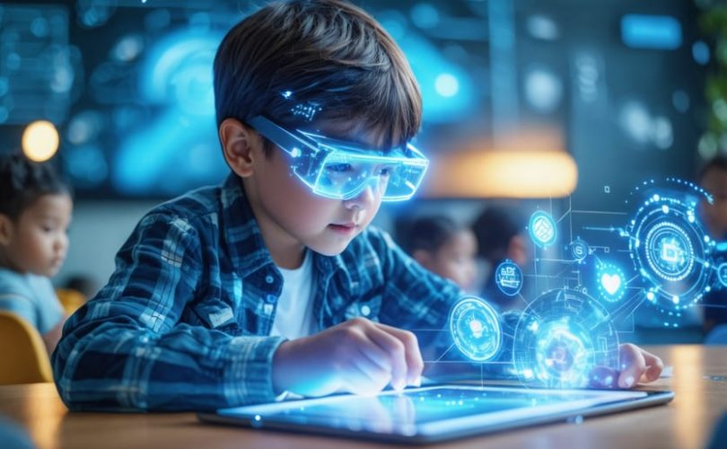 Child learning in a futuristic classroom with a tablet displaying holographic AR content, representing the interaction of 5G and AI technologies in education.