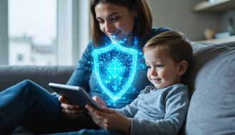 Parent and child safely using a tablet with a digital shield symbol overlay, illustrating AI protection in the digital world.