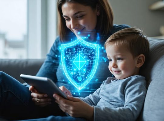 Parent and child safely using a tablet with a digital shield symbol overlay, illustrating AI protection in the digital world.
