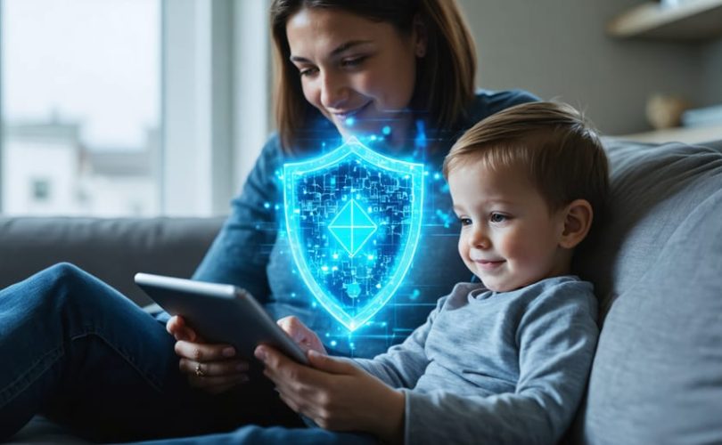 Parent and child safely using a tablet with a digital shield symbol overlay, illustrating AI protection in the digital world.