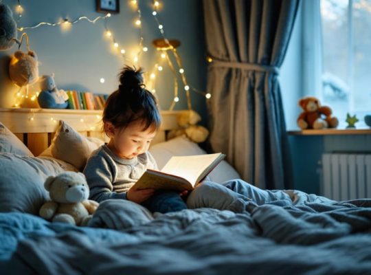 Parent and toddler sharing a bedtime story in a cozy, dimly-lit bedroom, highlighting the warmth and tranquility of a bedtime routine.