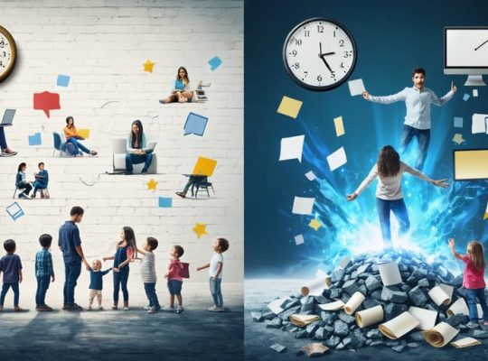 Parents and children overcoming educational barriers with diverse solutions like technology and collaboration, symbolizing breaking walls of challenges in parental involvement.