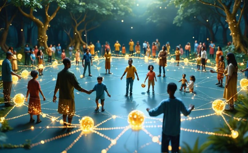 Illustration depicting a diverse community working together, highlighted by glowing threads symbolizing strong social connections and support systems aiding recovery and resilience.