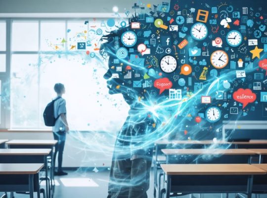 Conceptual illustration of a student surrounded by stress-related symbols in a classroom, emphasizing the mental health challenges in educational settings.