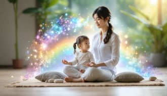 Parent and child practicing meditation together in a cozy space, illustrating the concept of "Rainbow Breathing" with gentle colorful swirls symbolizing calm and creativity.