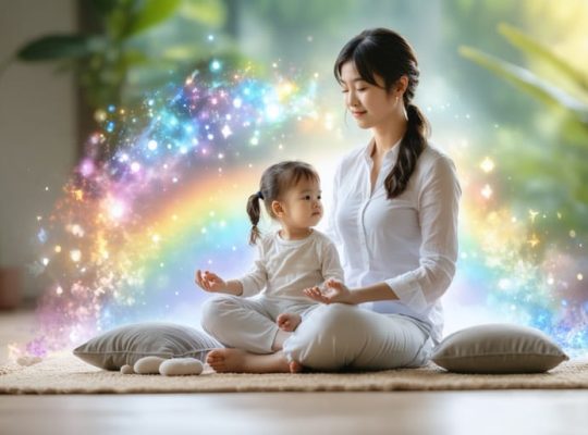 Parent and child practicing meditation together in a cozy space, illustrating the concept of "Rainbow Breathing" with gentle colorful swirls symbolizing calm and creativity.