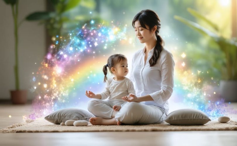 Parent and child practicing meditation together in a cozy space, illustrating the concept of "Rainbow Breathing" with gentle colorful swirls symbolizing calm and creativity.