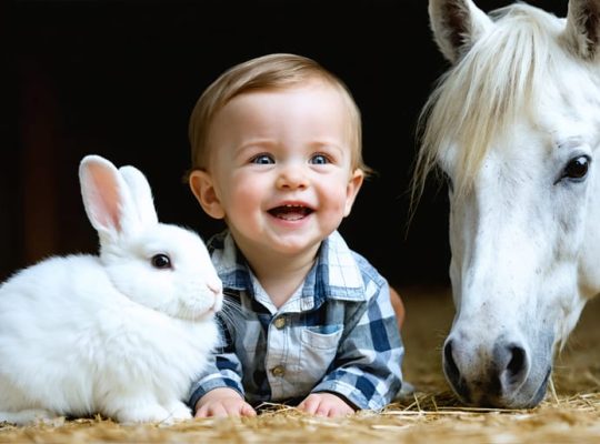 A young child joyfully interacting with a therapy dog, horse, and rabbit, each animal contributing to the child's emotional well-being and showcasing the transformative power of animal-assisted therapy.