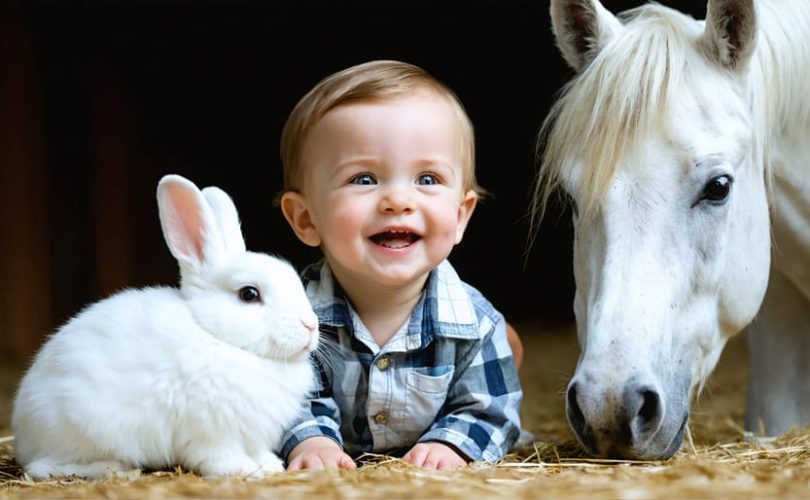 A young child joyfully interacting with a therapy dog, horse, and rabbit, each animal contributing to the child's emotional well-being and showcasing the transformative power of animal-assisted therapy.