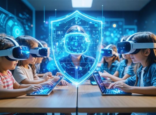 Children in a futuristic classroom using VR headsets and tablets, surrounded by a digital shield symbolizing safety and security.