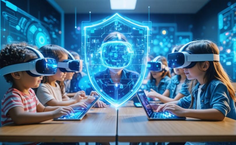 Children in a futuristic classroom using VR headsets and tablets, surrounded by a digital shield symbolizing safety and security.