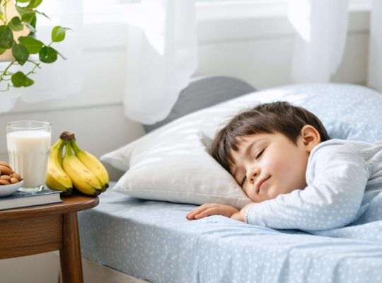 A child sleeping peacefully in bed with a nightstand holding sleep-supporting foods like milk, bananas, and almonds, highlighting the connection between good sleep and healthy eating habits.