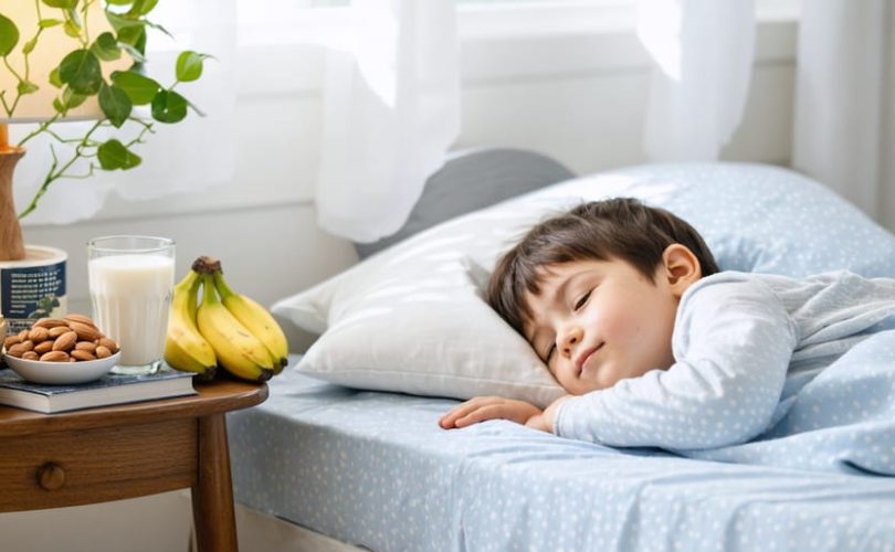 A child sleeping peacefully in bed with a nightstand holding sleep-supporting foods like milk, bananas, and almonds, highlighting the connection between good sleep and healthy eating habits.
