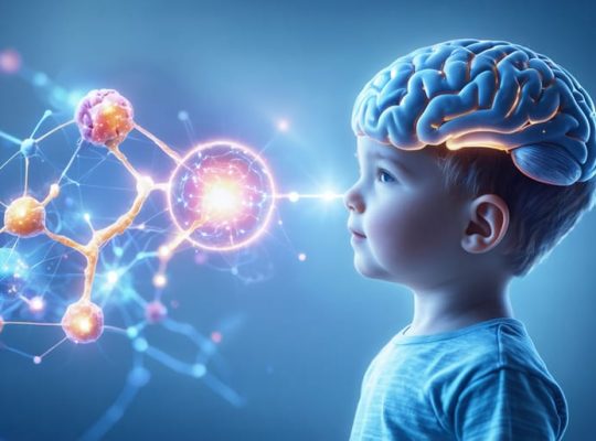 Conceptual illustration showing the dynamic connection between a child's gut and brain, symbolizing communication signals and the influence of gut health on mental well-being.