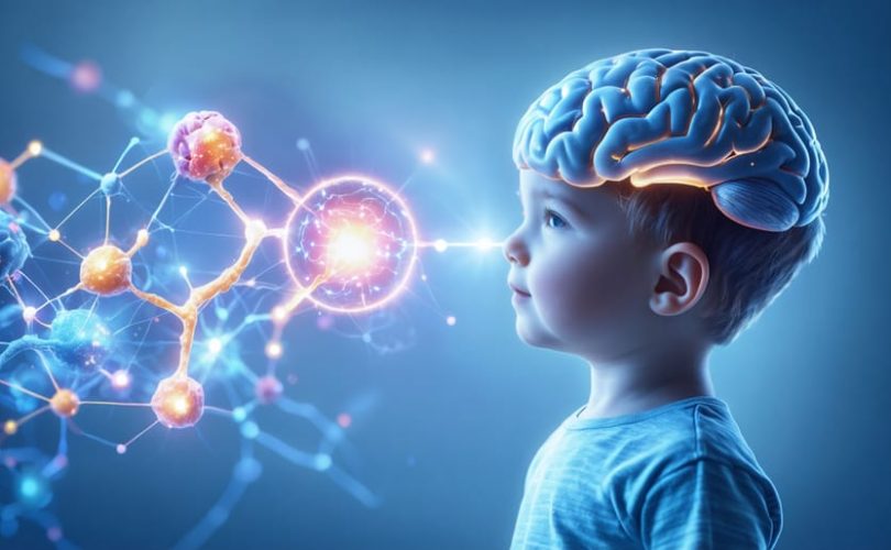 Conceptual illustration showing the dynamic connection between a child's gut and brain, symbolizing communication signals and the influence of gut health on mental well-being.