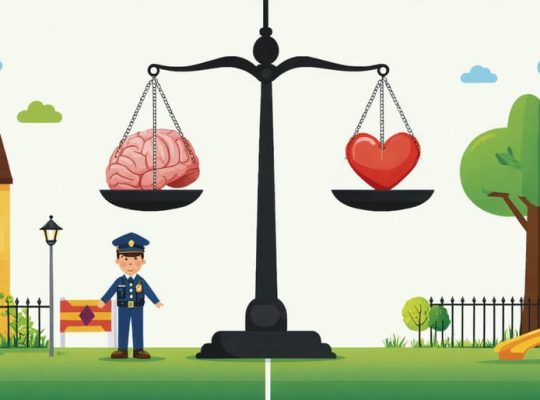A symbolic scale balancing community safety with mental well-being, illustrated with a safe neighborhood and child-friendly playground on one side, and a representation of a child's mental health and nature on the other, set against a school backdrop.