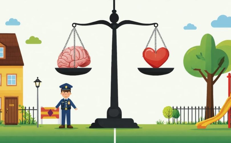 A symbolic scale balancing community safety with mental well-being, illustrated with a safe neighborhood and child-friendly playground on one side, and a representation of a child's mental health and nature on the other, set against a school backdrop.