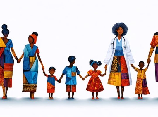 Illustration of healthcare professionals engaging with multicultural families in a medical setting, highlighting cultural integration and sensitivity in children's mental health care.