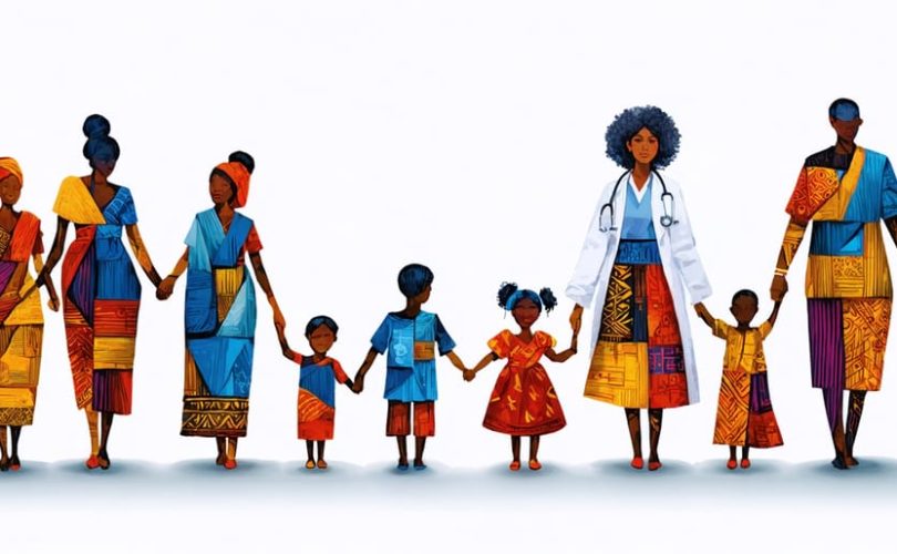 Illustration of healthcare professionals engaging with multicultural families in a medical setting, highlighting cultural integration and sensitivity in children's mental health care.