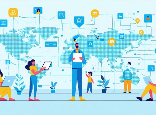 Illustration showing a diverse mental health care team connected by digital lines, each using devices, symbolizing integrated care through modern technology for children's mental well-being.
