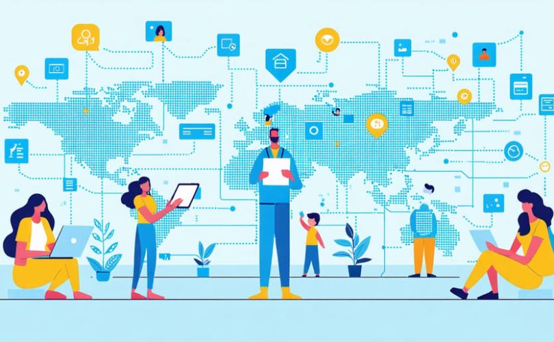 Illustration showing a diverse mental health care team connected by digital lines, each using devices, symbolizing integrated care through modern technology for children's mental well-being.