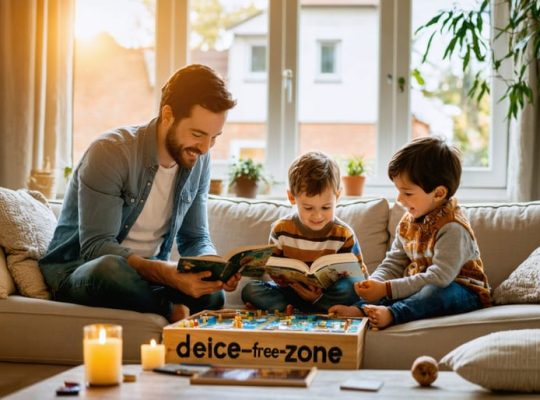 "A family enjoying a cozy, screen-free living room, engaged in reading and playing a board game under natural light with a 'Device-Free Zone' sign."