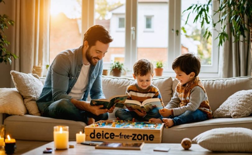 "A family enjoying a cozy, screen-free living room, engaged in reading and playing a board game under natural light with a 'Device-Free Zone' sign."