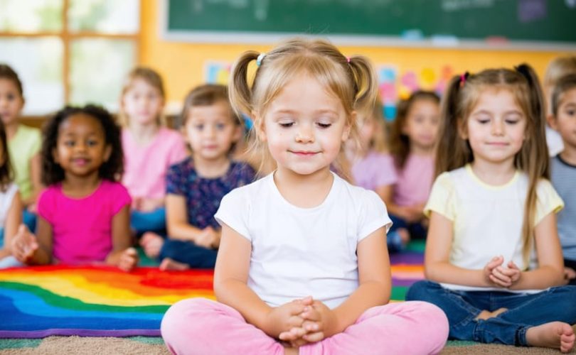 A diverse group of children practicing various mindfulness exercises in a classroom, including deep breathing, sensory awareness, and gentle movements, all promoting a calm and focused environment.