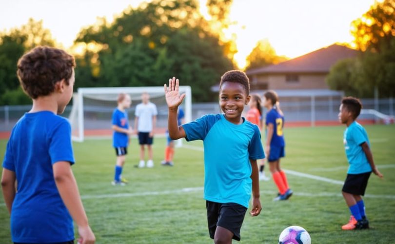 A diverse group of young athletes playing soccer, showcasing teamwork and personal growth under a glowing sunset, with a supportive coach in the background.