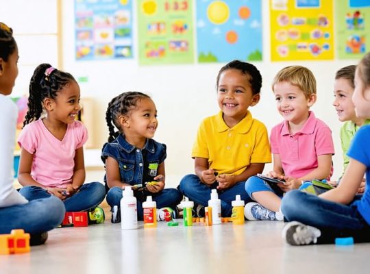 A diverse group of elementary students and a teacher having an interactive and educational discussion about drug safety in a classroom setting.