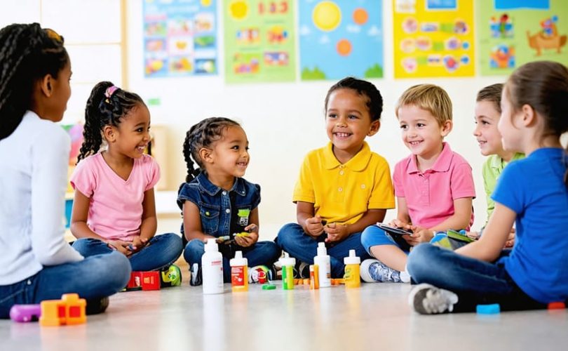 A diverse group of elementary students and a teacher having an interactive and educational discussion about drug safety in a classroom setting.