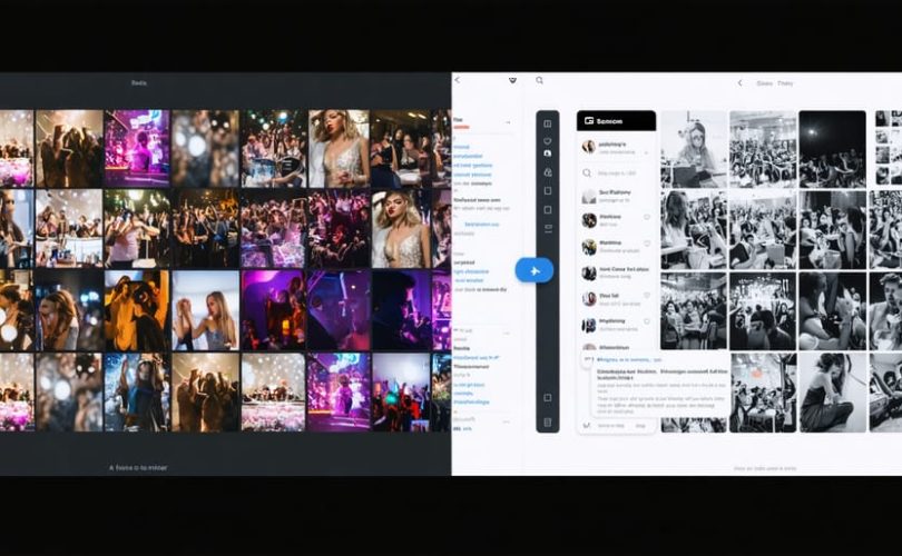 A split-screen illustration showing contrasting social media posts, one side with glamorous party scenes and the other with the harsh realities of substance use, representing the influence of media on substance perception among youths.