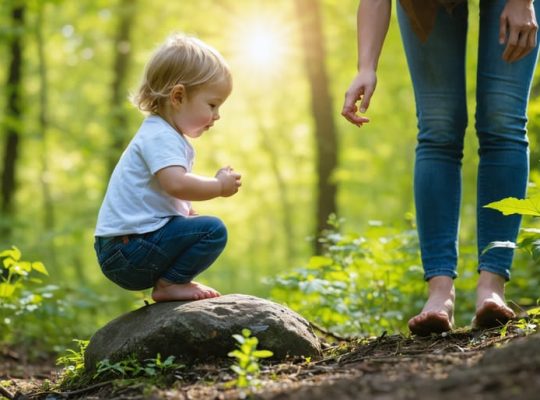 A young child climbing a boulder with a parent nearby in a vibrant forest setting, symbolizing the development of emotional resilience through nature.