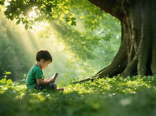 A young child sitting under a tree, surrounded by greenery, looking contemplative with a notebook in hand, symbolizing the healing power of nature during emotional processing.