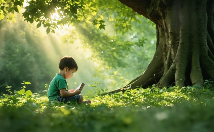 A young child sitting under a tree, surrounded by greenery, looking contemplative with a notebook in hand, symbolizing the healing power of nature during emotional processing.