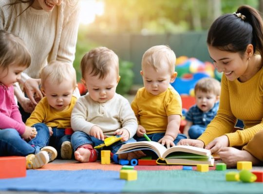 A diverse group of young children engaged in playful activities with attentive adults, highlighting a supportive environment for emotional and social development.